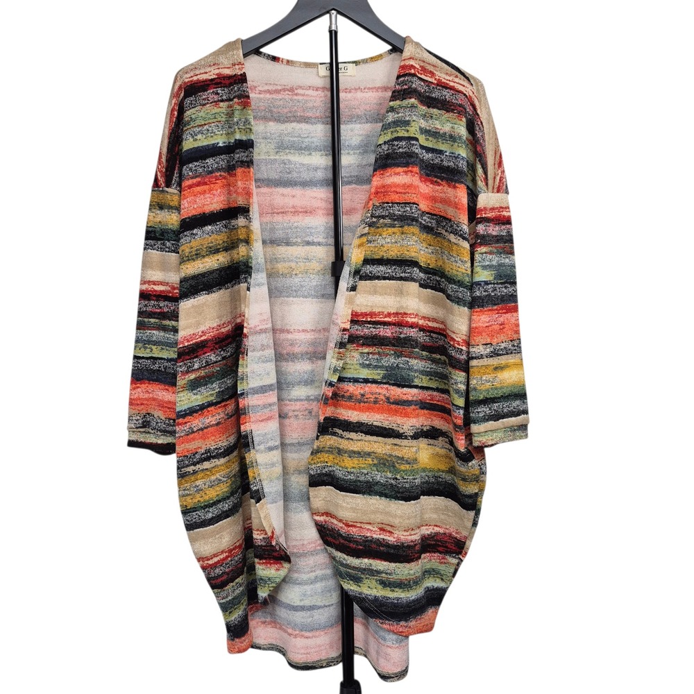 Ginger G Womens Medium Open Front Cardigan‎ Multi Color Striped Long Duster Work
